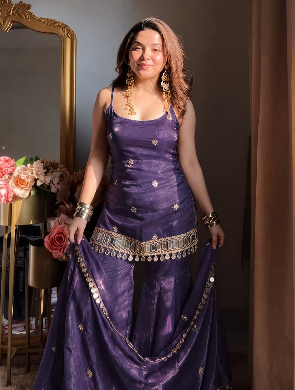 Purple Fendy Silk Sharara Plazo Set with Mirror Work Dupatta