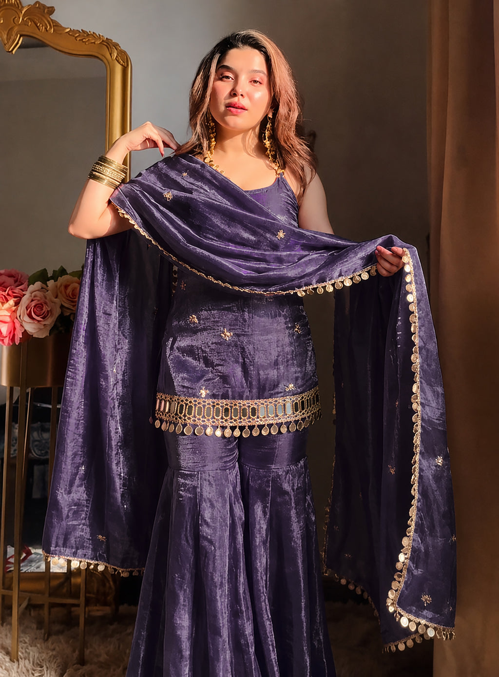 Purple Fendy Silk Sharara Plazo Set with Mirror Work Dupatta