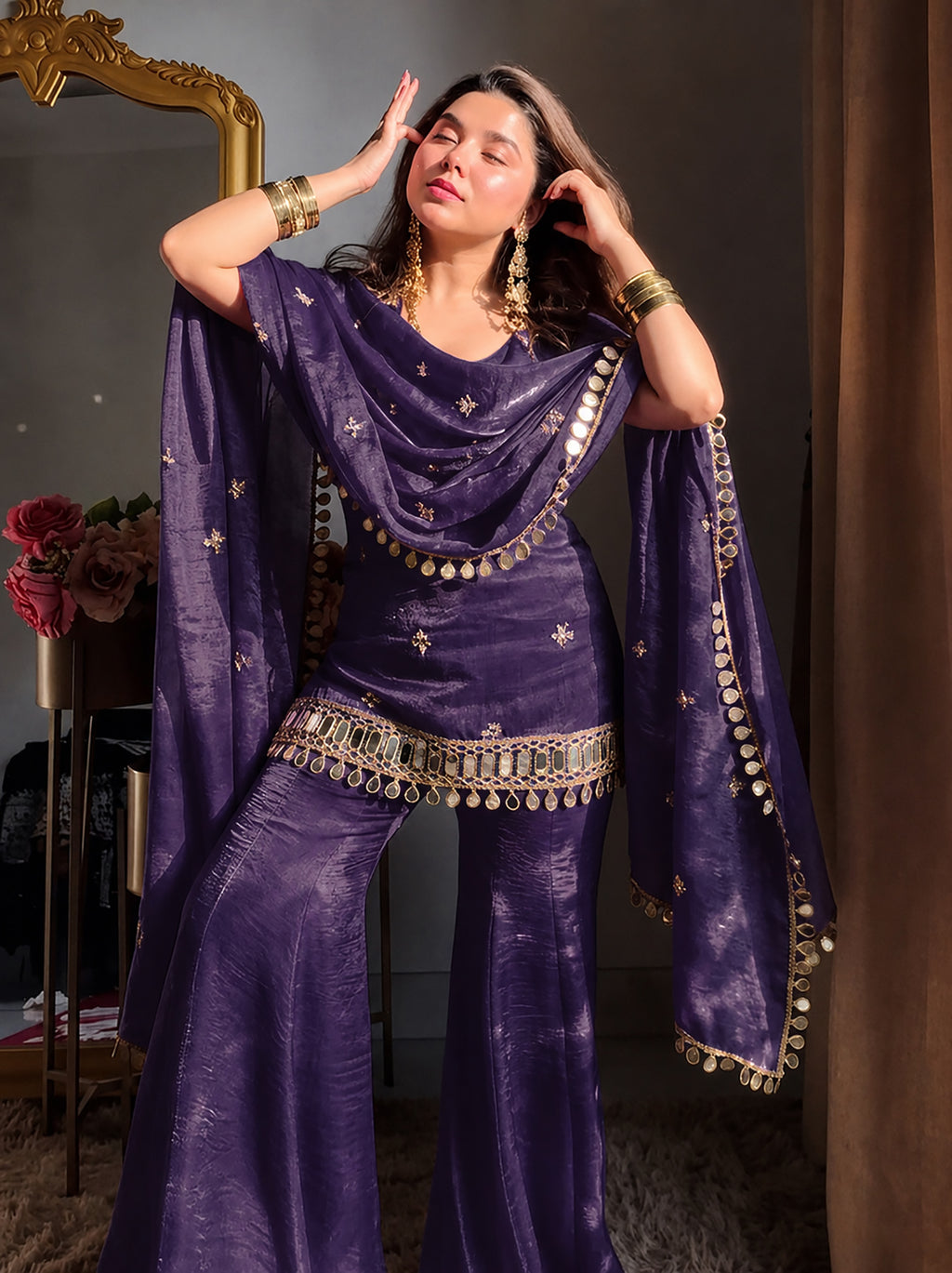 Purple Fendy Silk Sharara Plazo Set with Mirror Work Dupatta