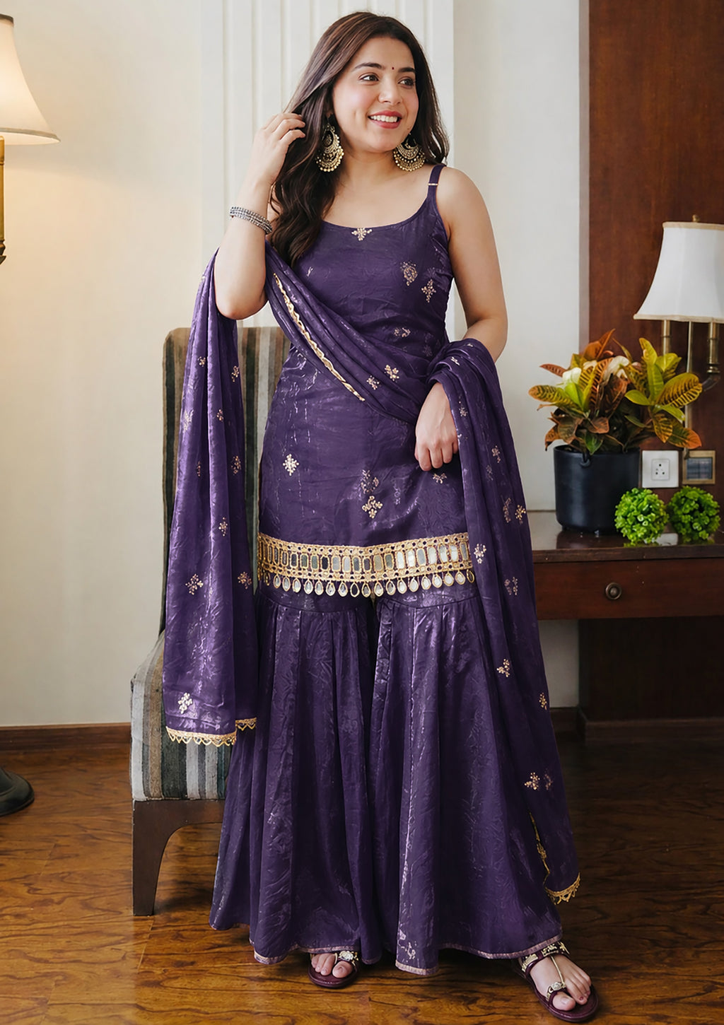 Purple Fendy Silk Sharara Plazo Set with Mirror Work Dupatta