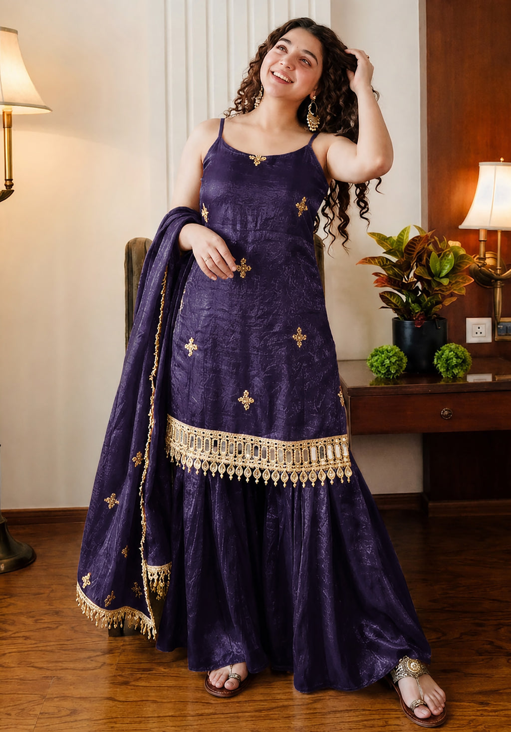 Purple Fendy Silk Sharara Plazo Set with Mirror Work Dupatta