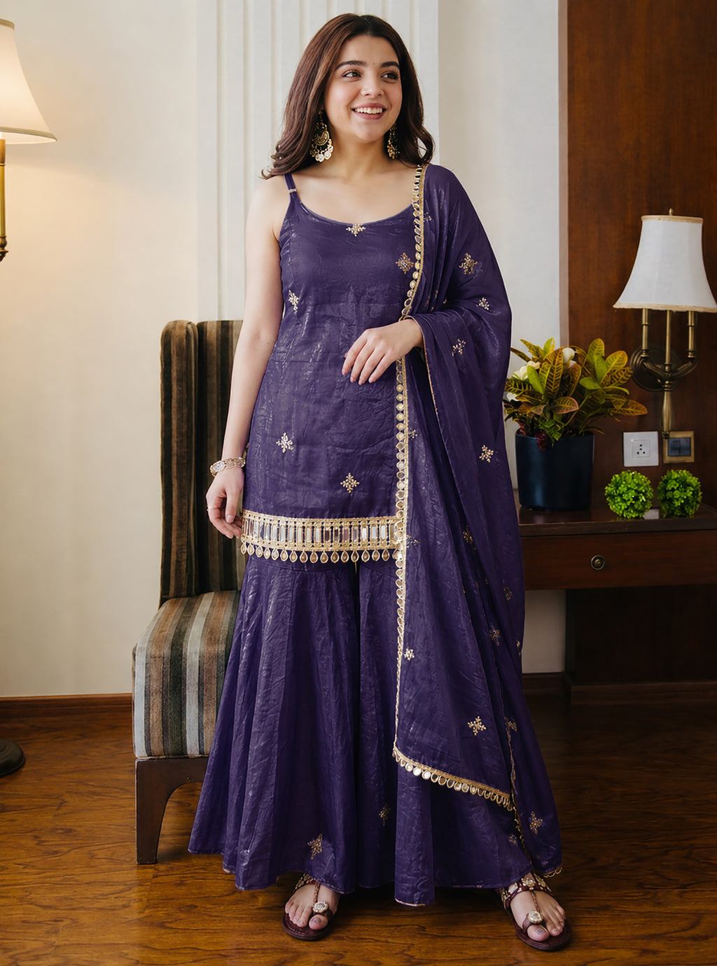 Purple Fendy Silk Sharara Plazo Set with Mirror Work Dupatta