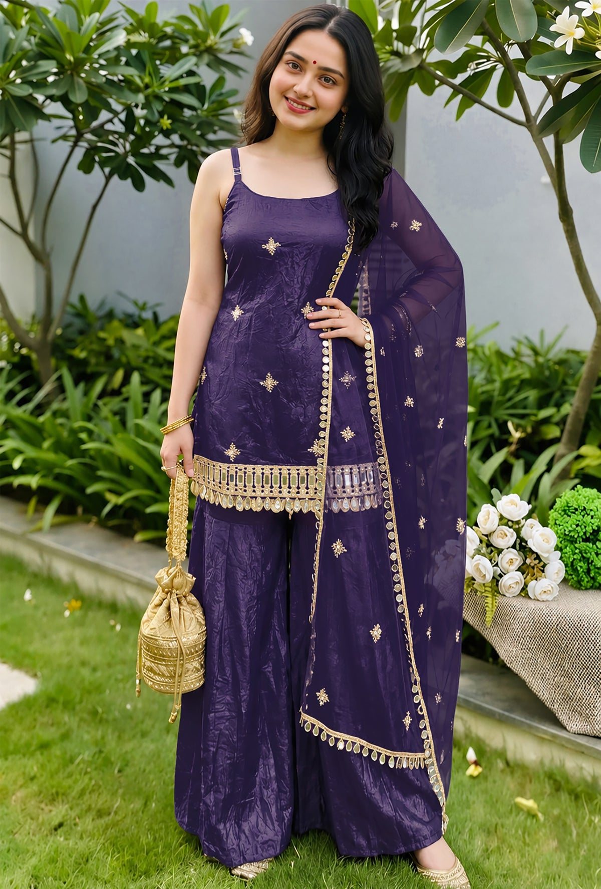 Purple Fendy Silk Sharara Plazo Set with Mirror Work Dupatta