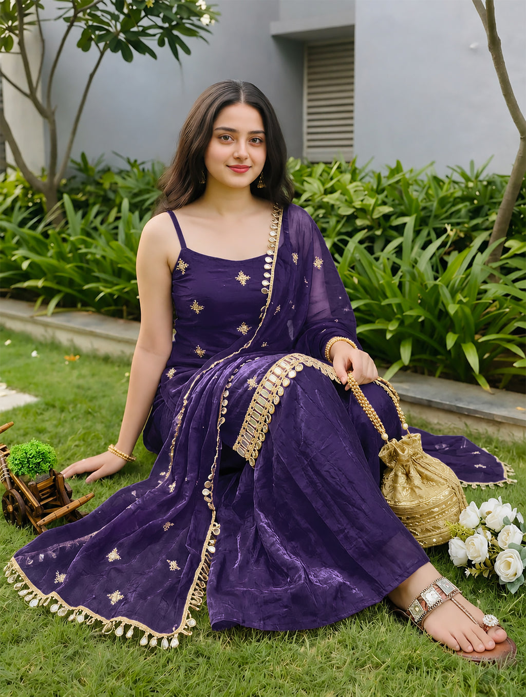 Purple Fendy Silk Sharara Plazo Set with Mirror Work Dupatta