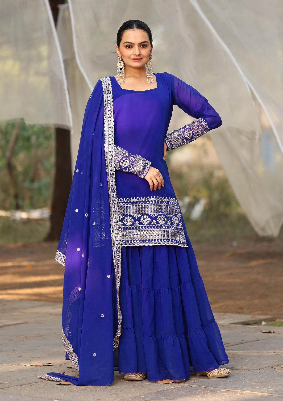 Royal Blue Georgette Kurta Sharara Suit with Embroidery & Dupatta