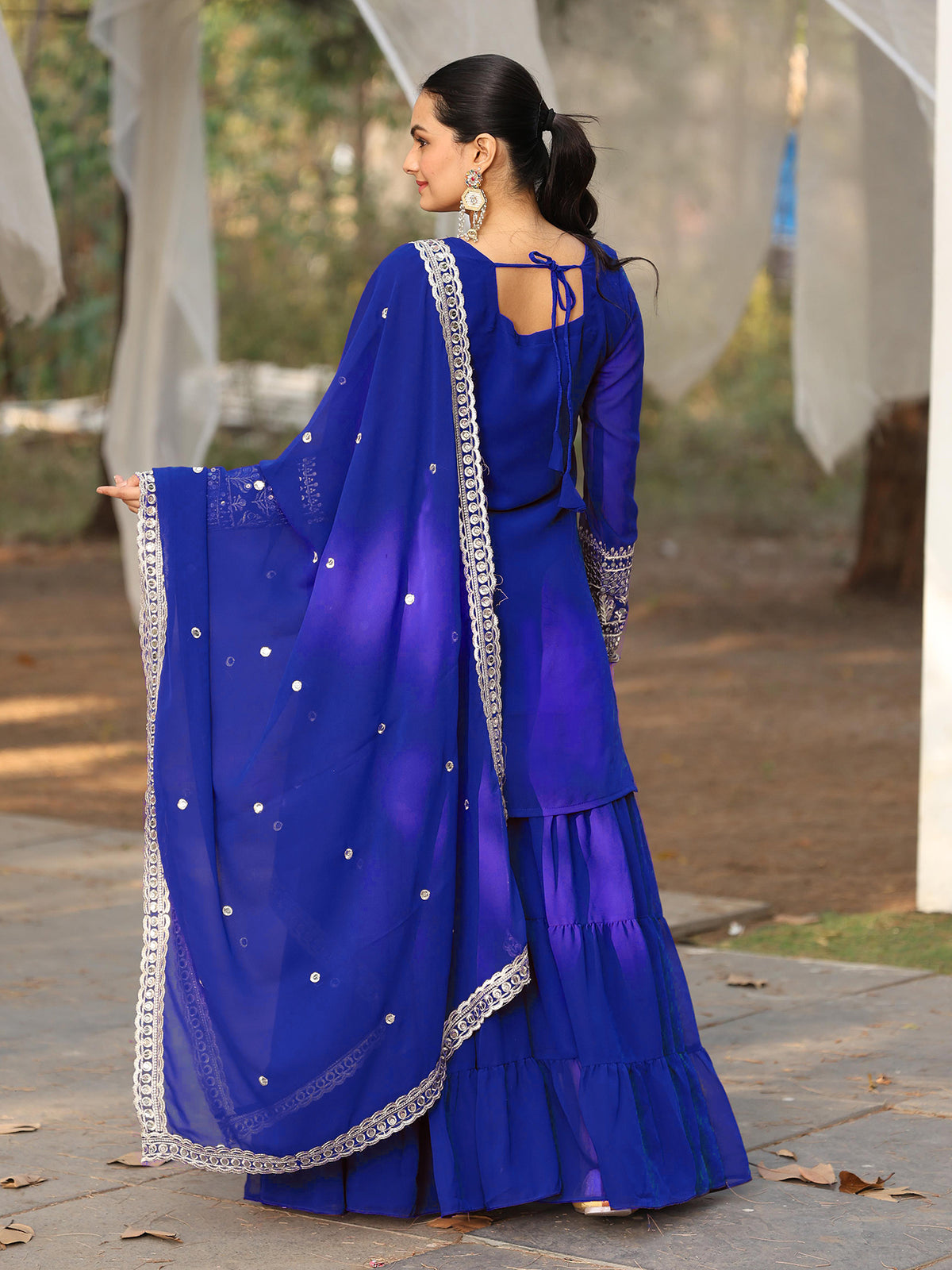 Royal Blue Georgette Kurta Sharara Suit with Embroidery & Dupatta