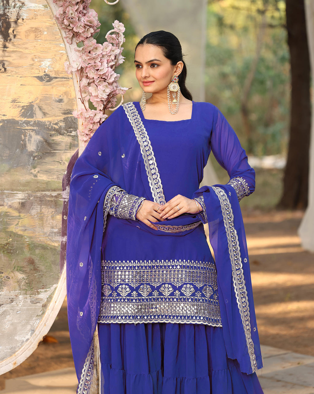 Royal Blue Georgette Kurta Sharara Suit with Embroidery & Dupatta