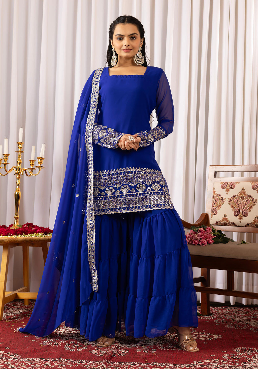 Royal Blue Georgette Kurta Sharara Suit with Embroidery & Dupatta