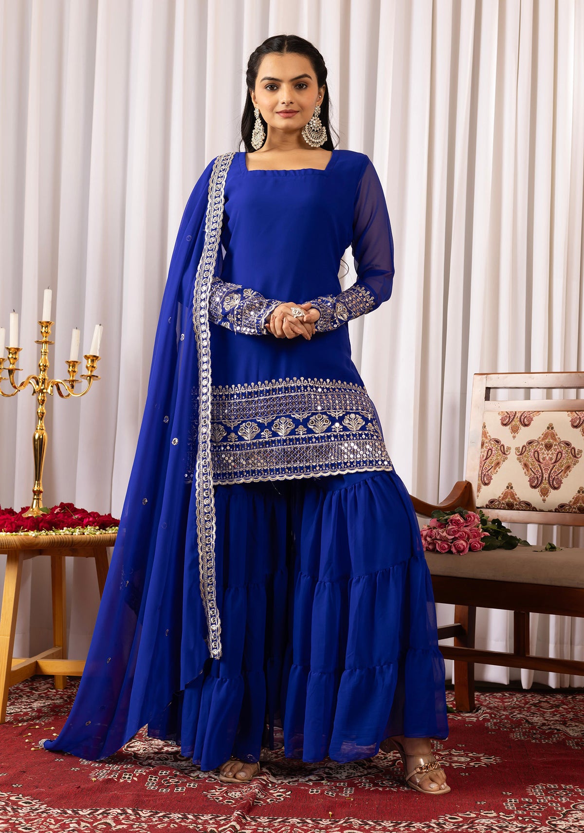 Royal Blue Georgette Kurta Sharara Suit with Embroidery & Dupatta