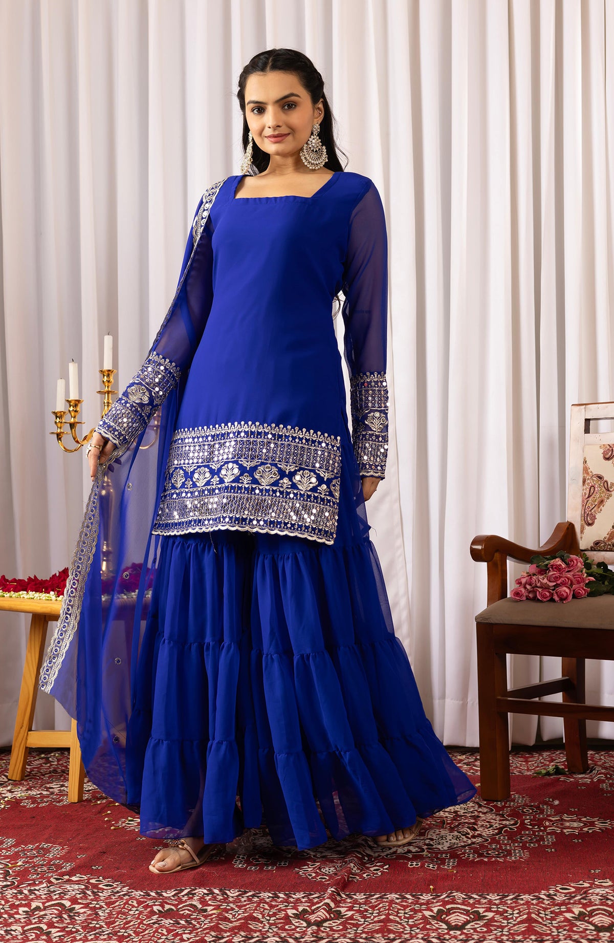 Royal Blue Georgette Kurta Sharara Suit with Embroidery & Dupatta