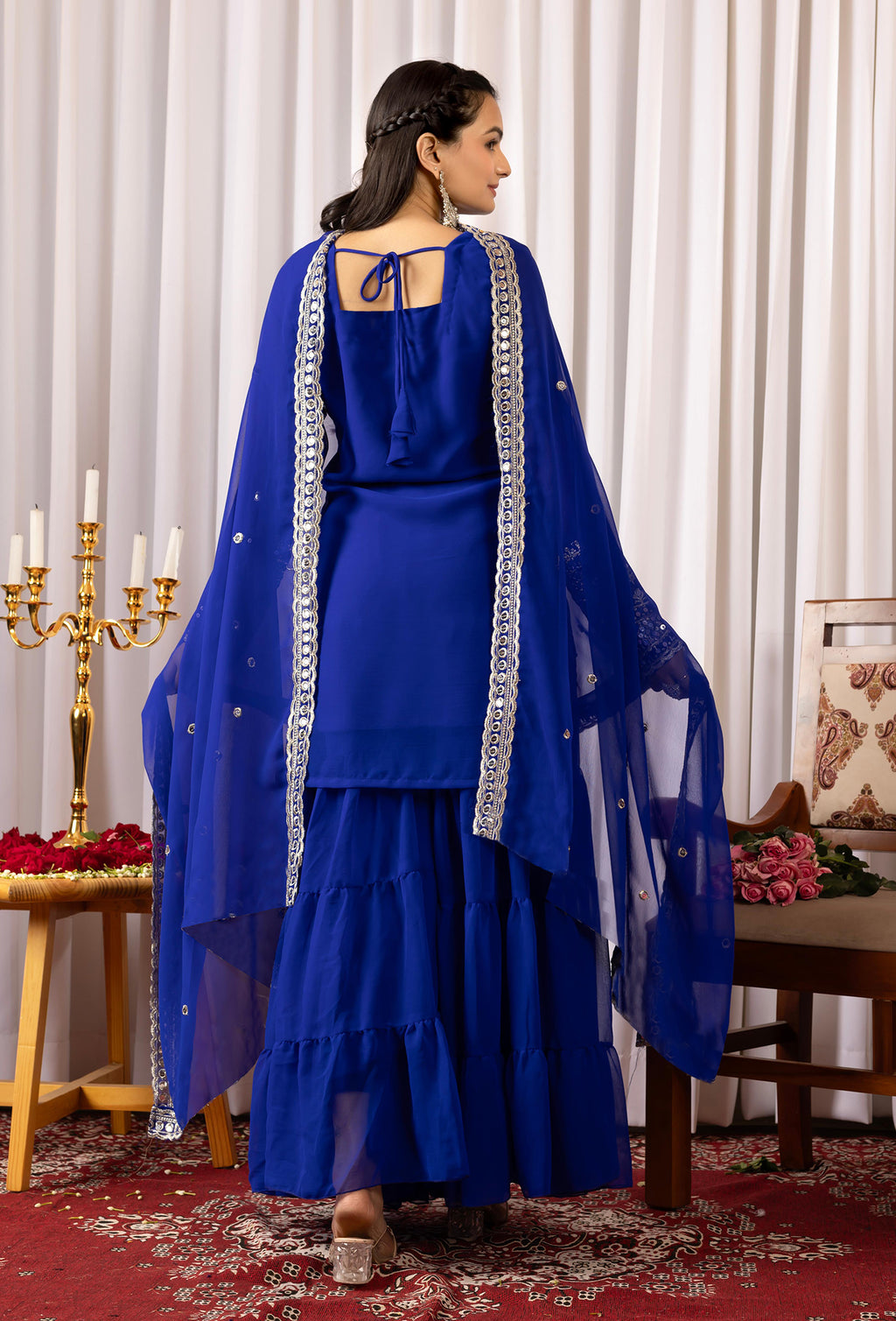 Royal Blue Georgette Kurta Sharara Suit with Embroidery & Dupatta
