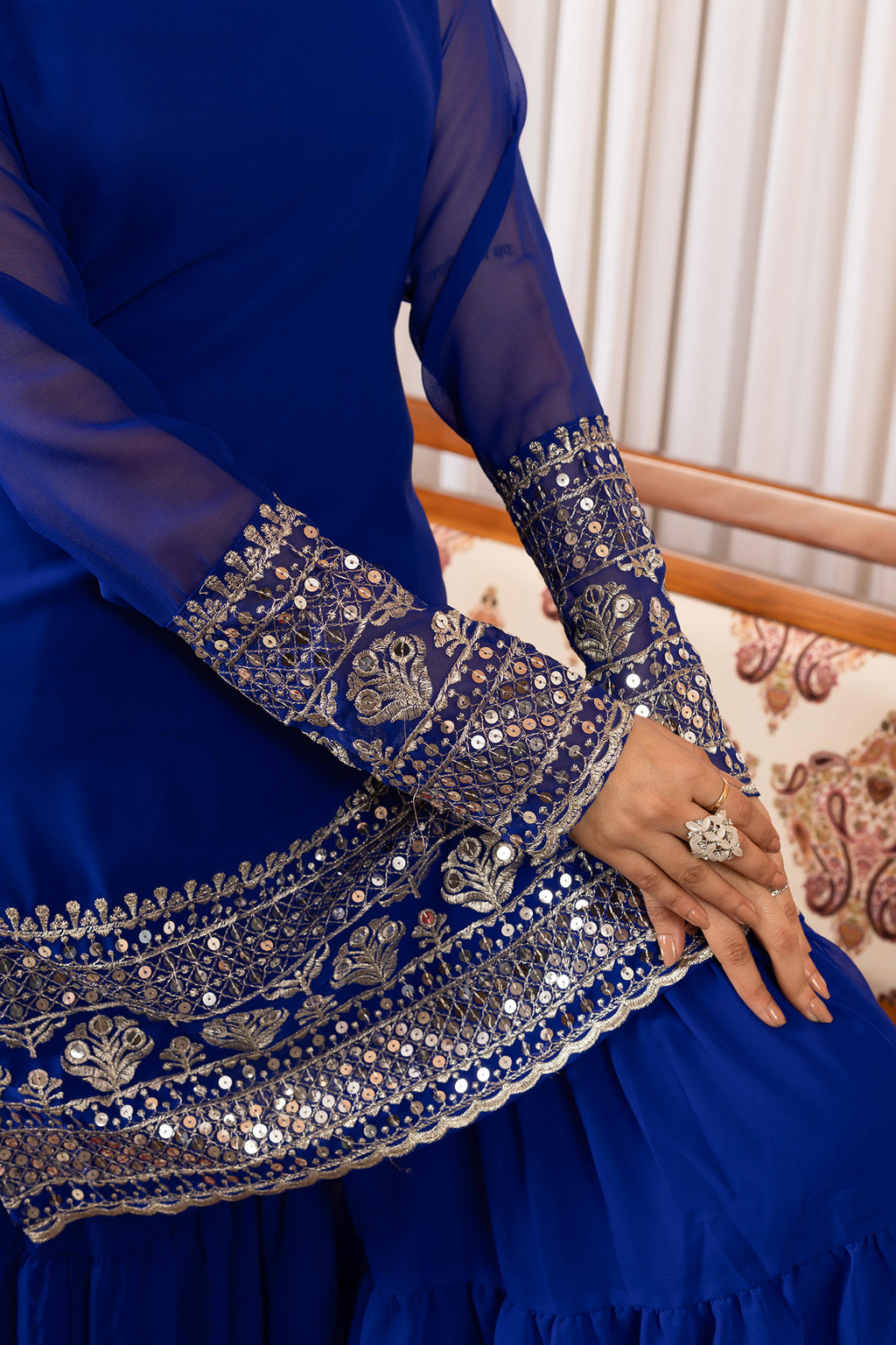 Royal Blue Georgette Kurta Sharara Suit with Embroidery & Dupatta