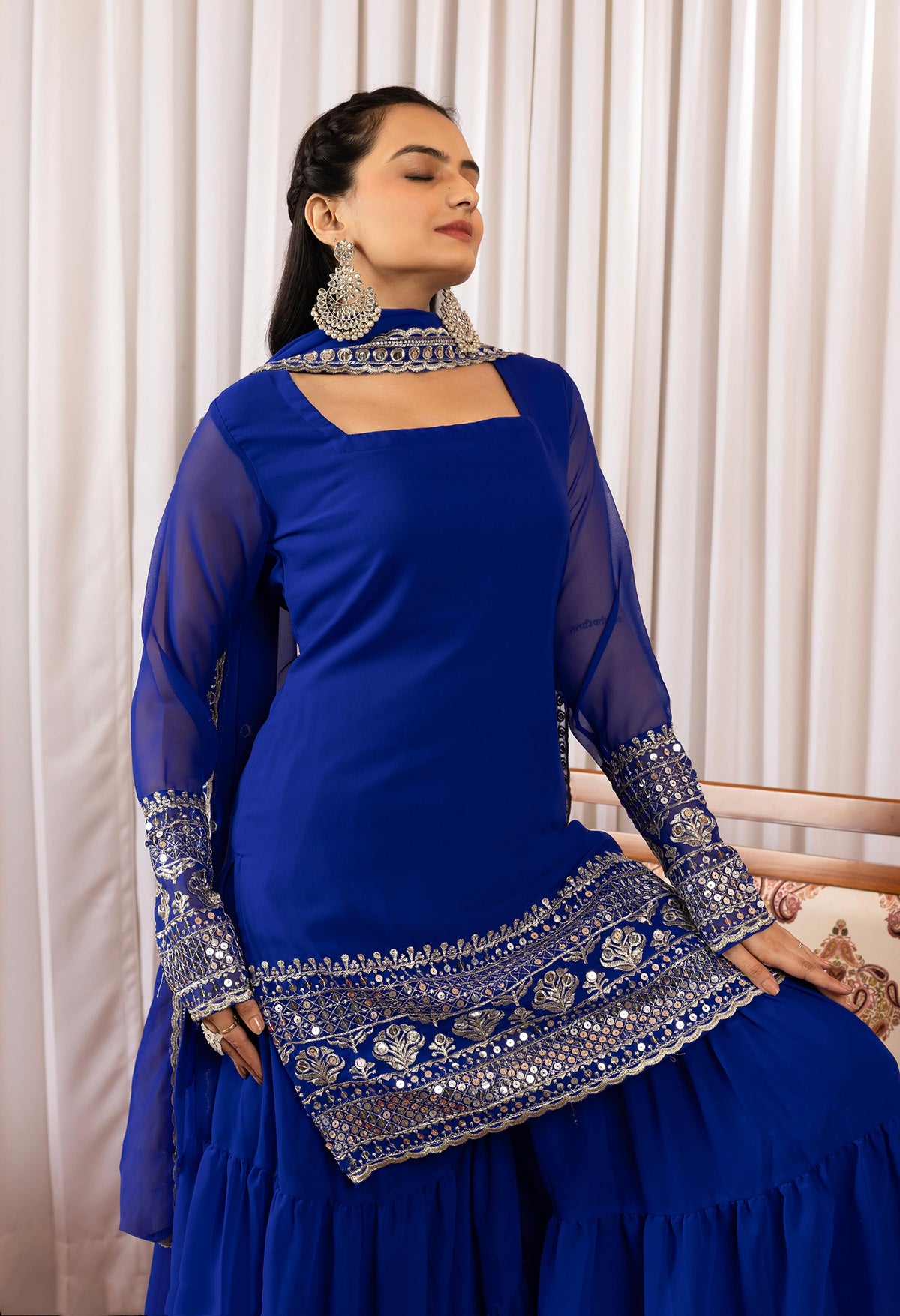 Royal Blue Georgette Kurta Sharara Suit with Embroidery & Dupatta