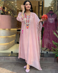 Baby Pink Embroidered Tesla Silk Kurta Set with Organza Dupatta