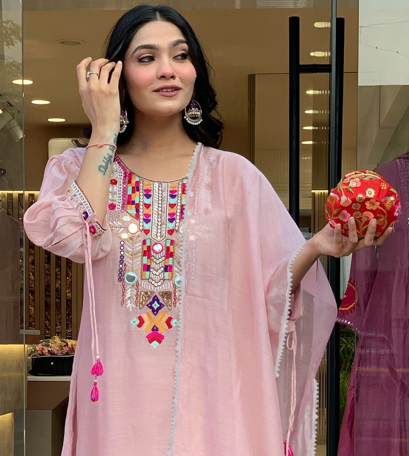 Baby Pink Embroidered Tesla Silk Kurta Set with Organza Dupatta