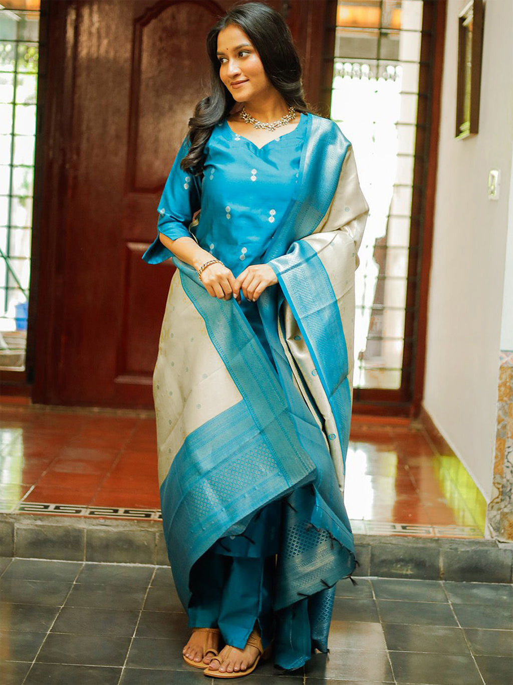 Sky Blue Jacquard Kurta Pant Dupatta Set for Women