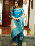 Sky Blue Jacquard Kurta Pant Dupatta Set for Women