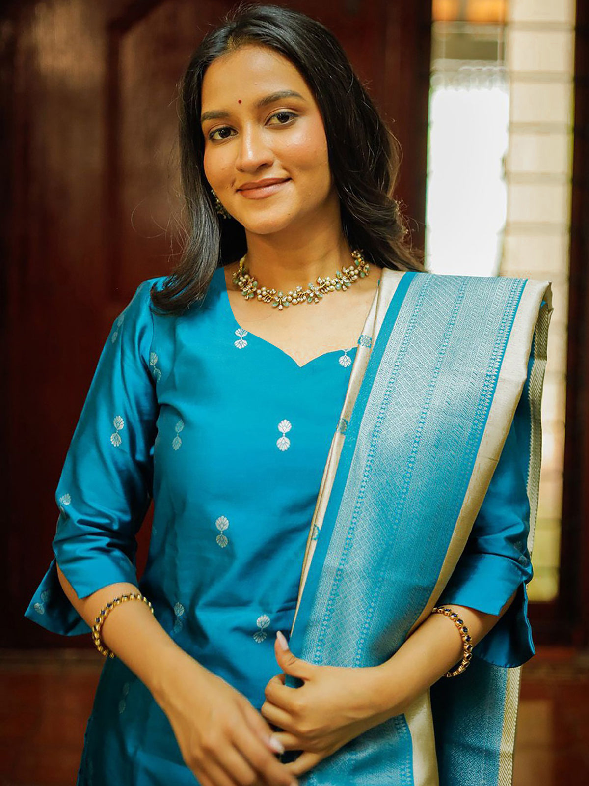 Sky Blue Jacquard Kurta Pant Dupatta Set for Women