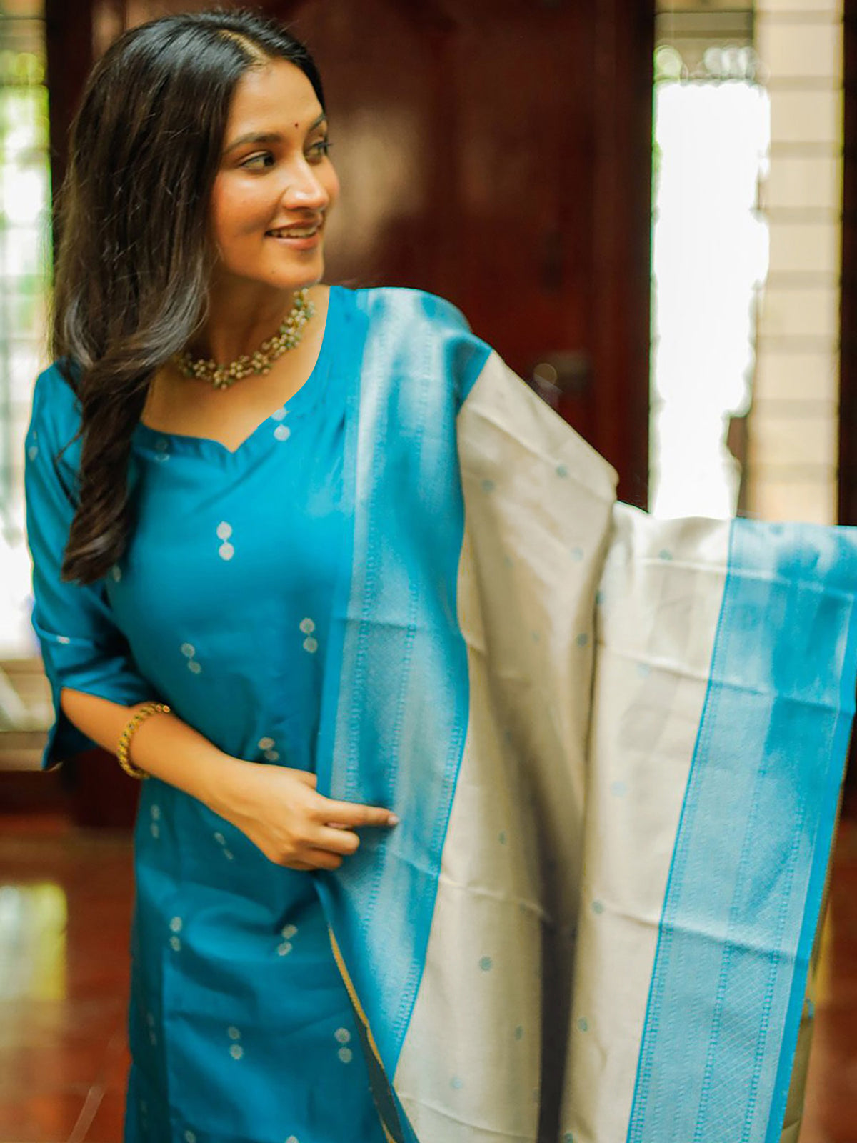 Sky Blue Jacquard Kurta Pant Dupatta Set for Women
