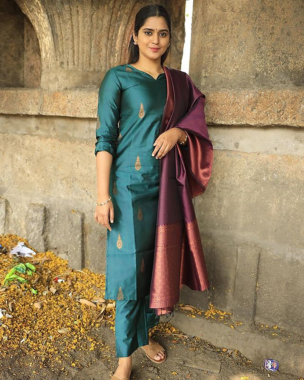 Blue Silk Jacquard Kurti Pant Dupatta Set for Women