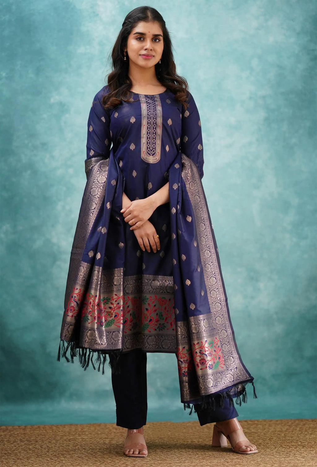 Blue Art Silk Woven Kurti Pant Dupatta Set for Women
