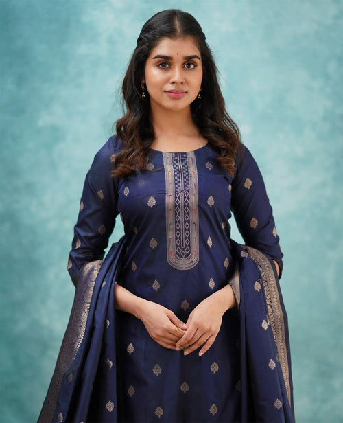 Blue Art Silk Woven Kurti Pant Dupatta Set for Women