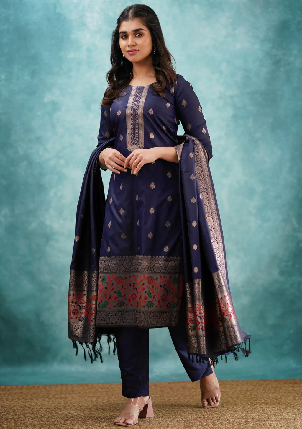 Blue Art Silk Woven Kurti Pant Dupatta Set for Women