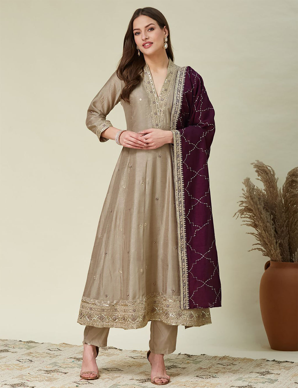 Beige Embroidered Vichitra Anarkali Kurta Set with Wine Dupatta