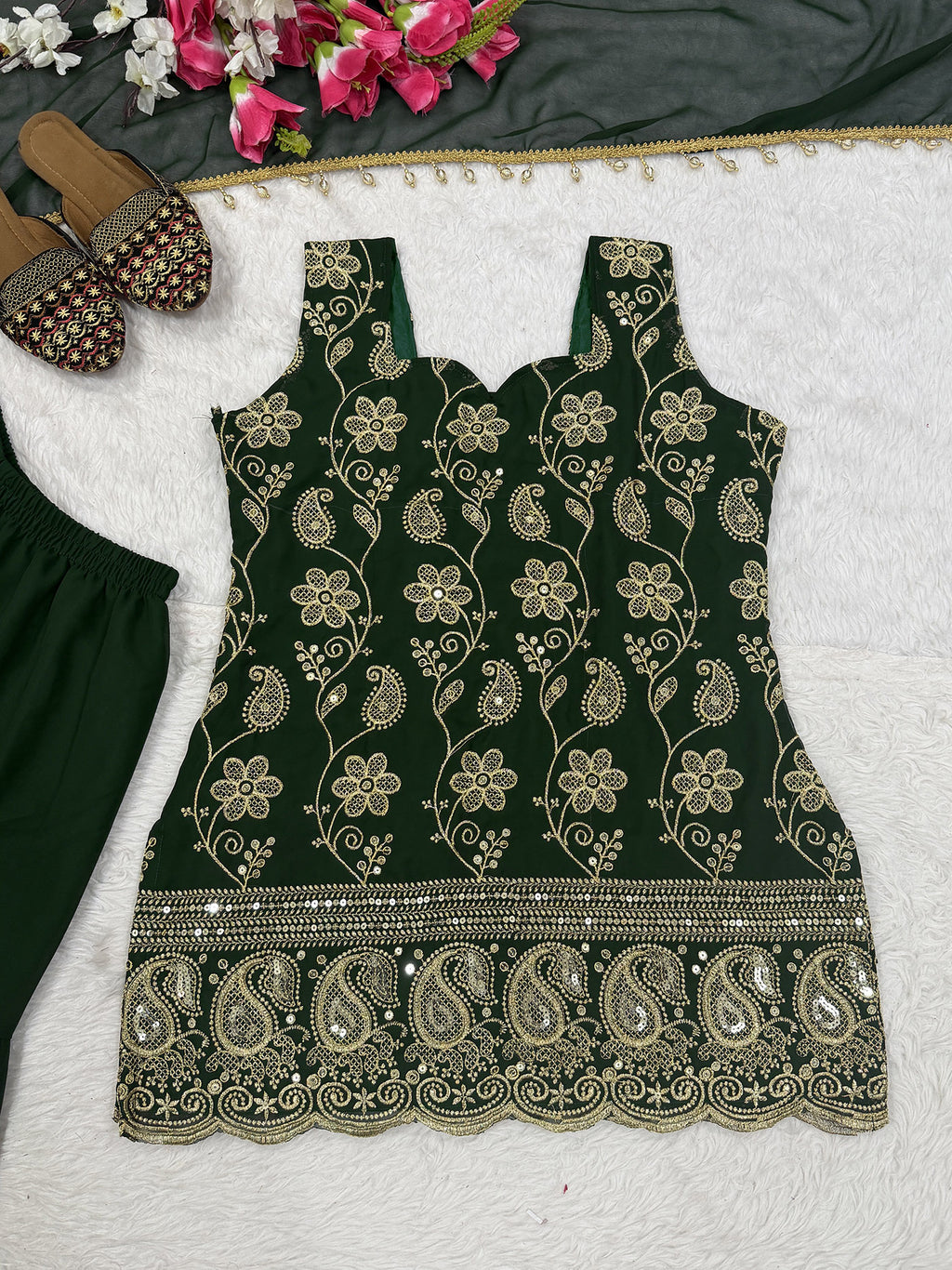 Dark Green Embroidered French Crepe Kurta Sharara Set with Dupatta