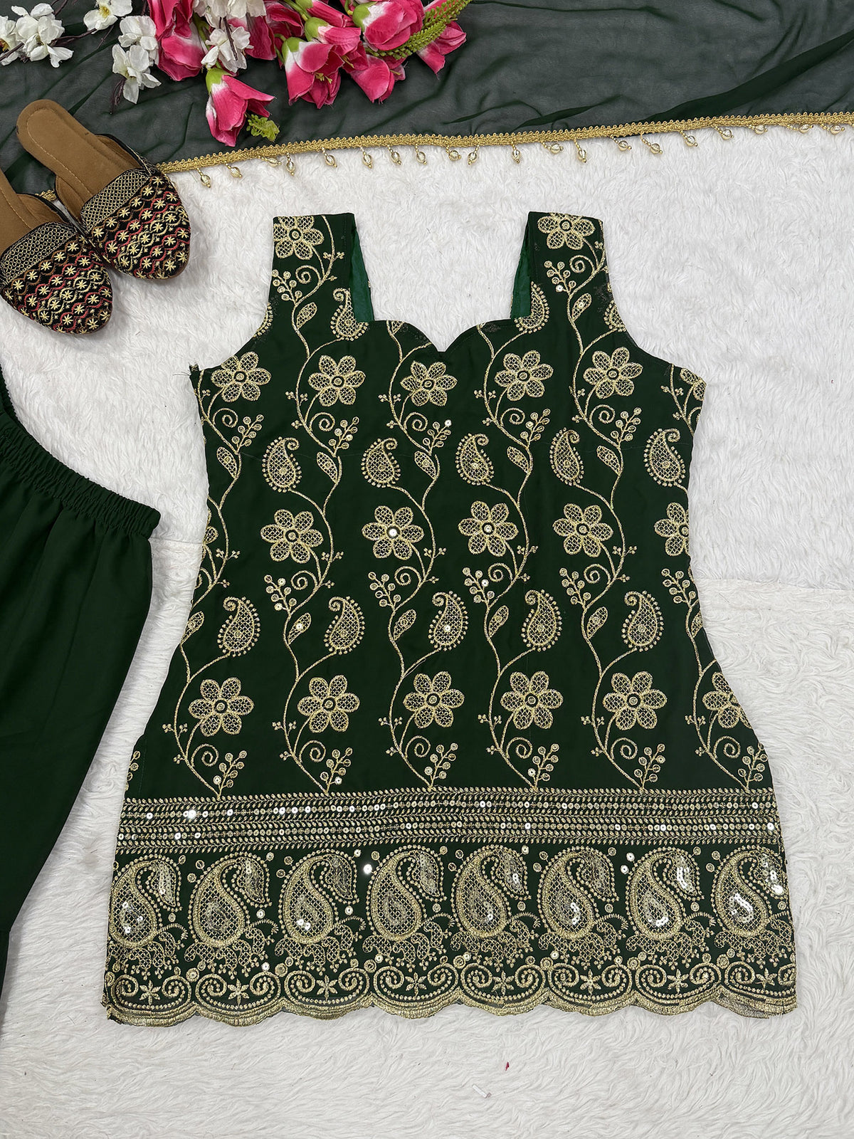 Dark Green Embroidered French Crepe Kurta Sharara Set with Dupatta