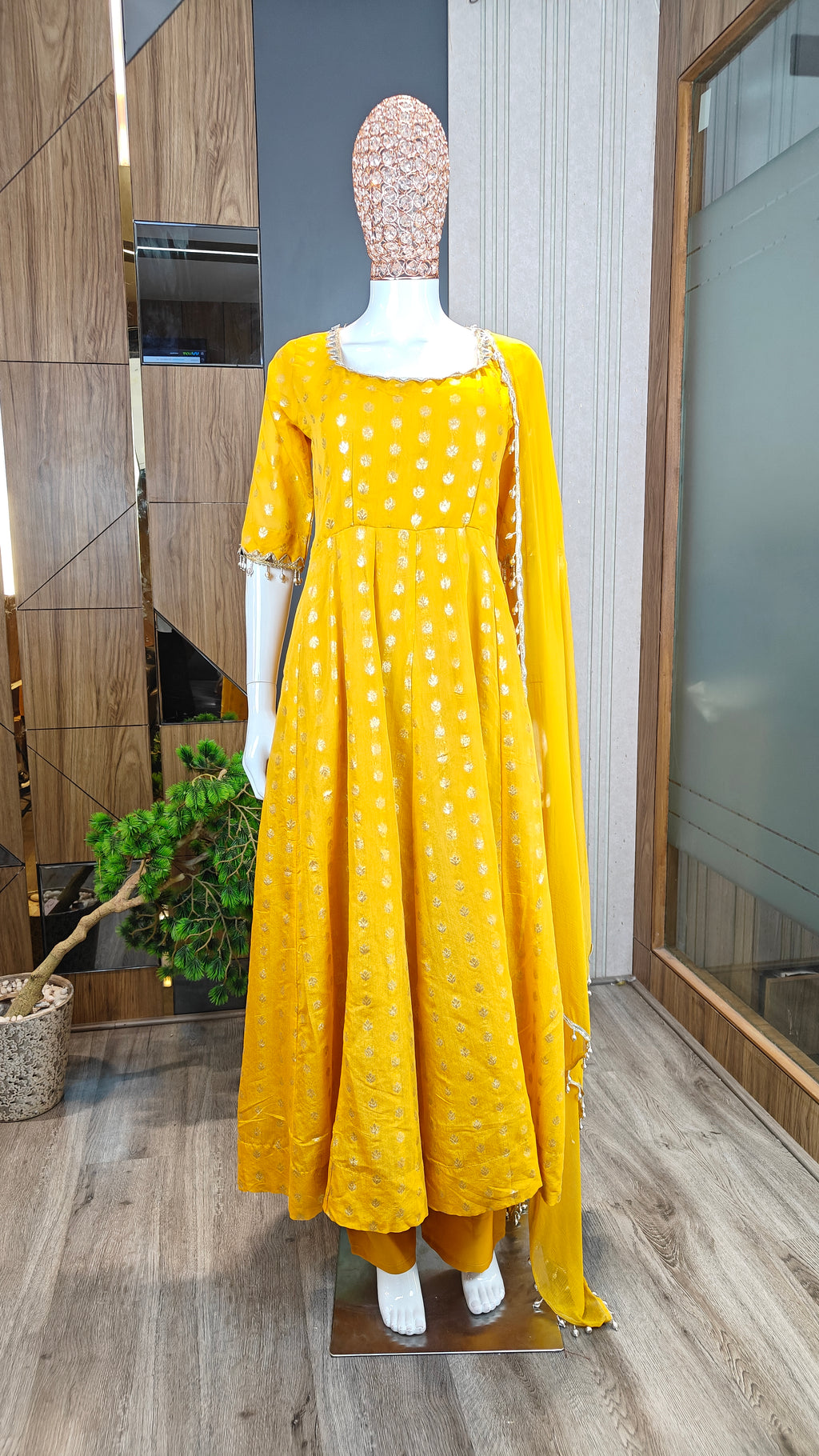 Yellow Chanderi Jacquard Anarkali Suit with Mirror Work & Dupatta