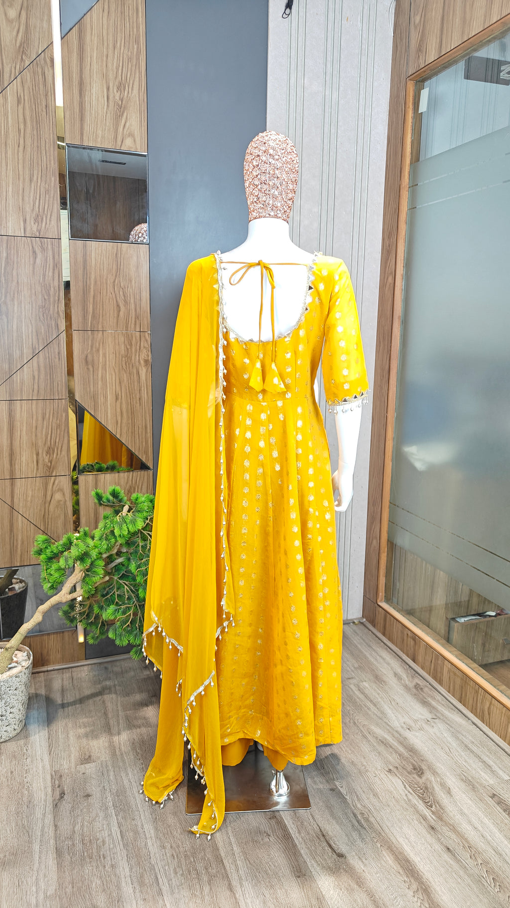 Yellow Chanderi Jacquard Anarkali Suit with Mirror Work & Dupatta