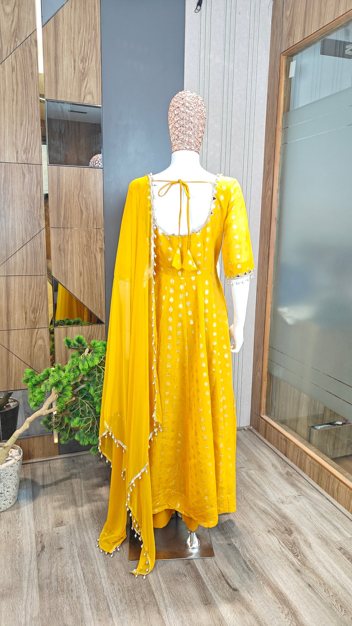 Yellow Chanderi Jacquard Anarkali Suit with Mirror Work & Dupatta