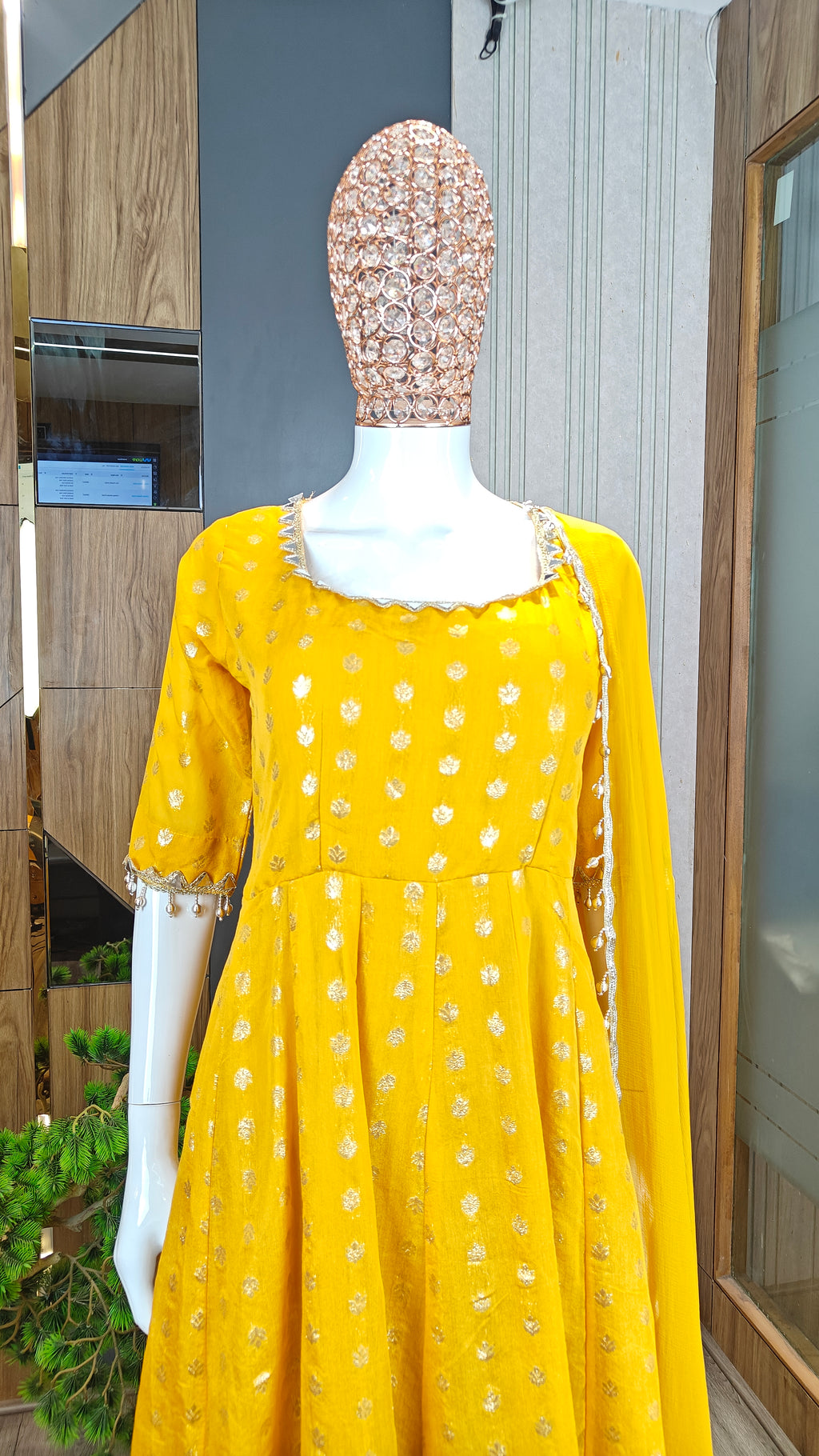 Yellow Chanderi Jacquard Anarkali Suit with Mirror Work & Dupatta