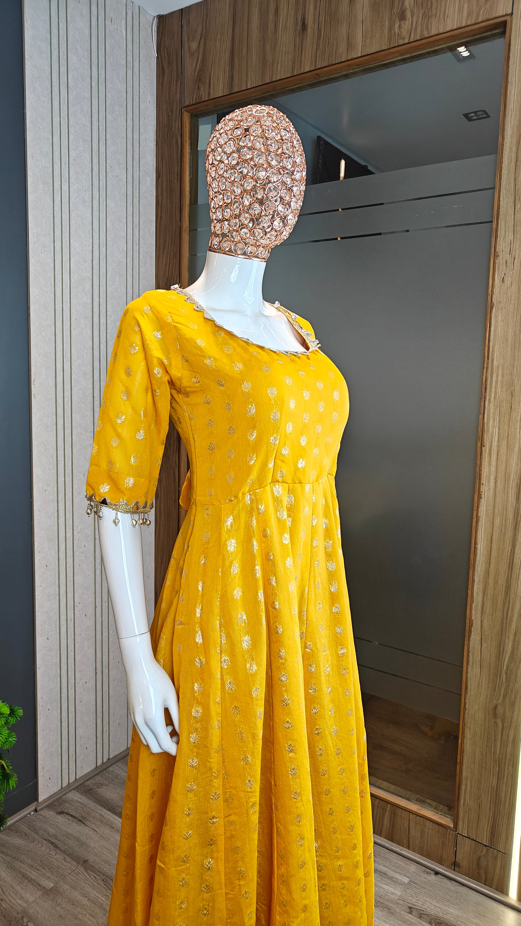 Yellow Chanderi Jacquard Anarkali Suit with Mirror Work & Dupatta