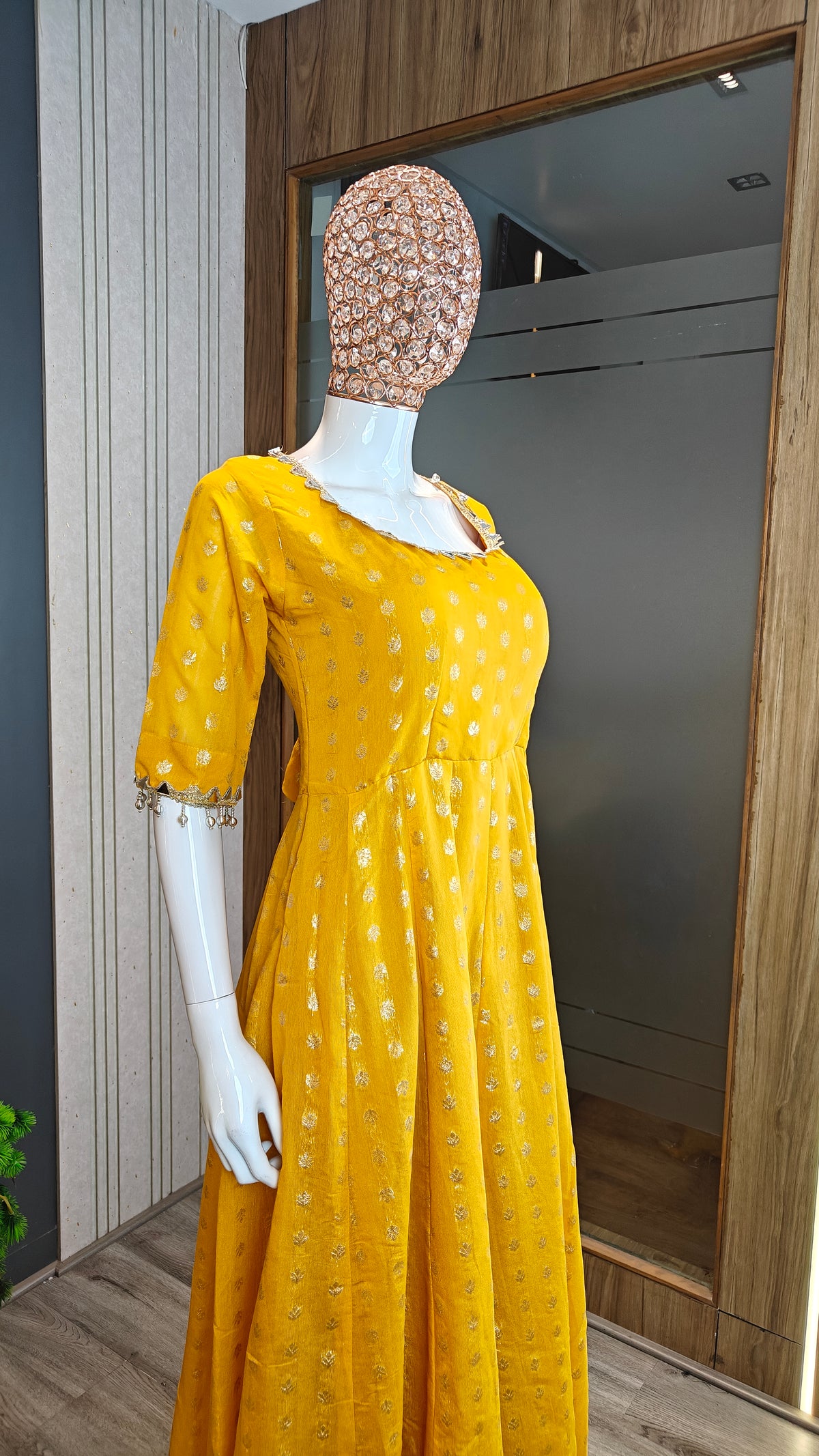 Yellow Chanderi Jacquard Anarkali Suit with Mirror Work & Dupatta