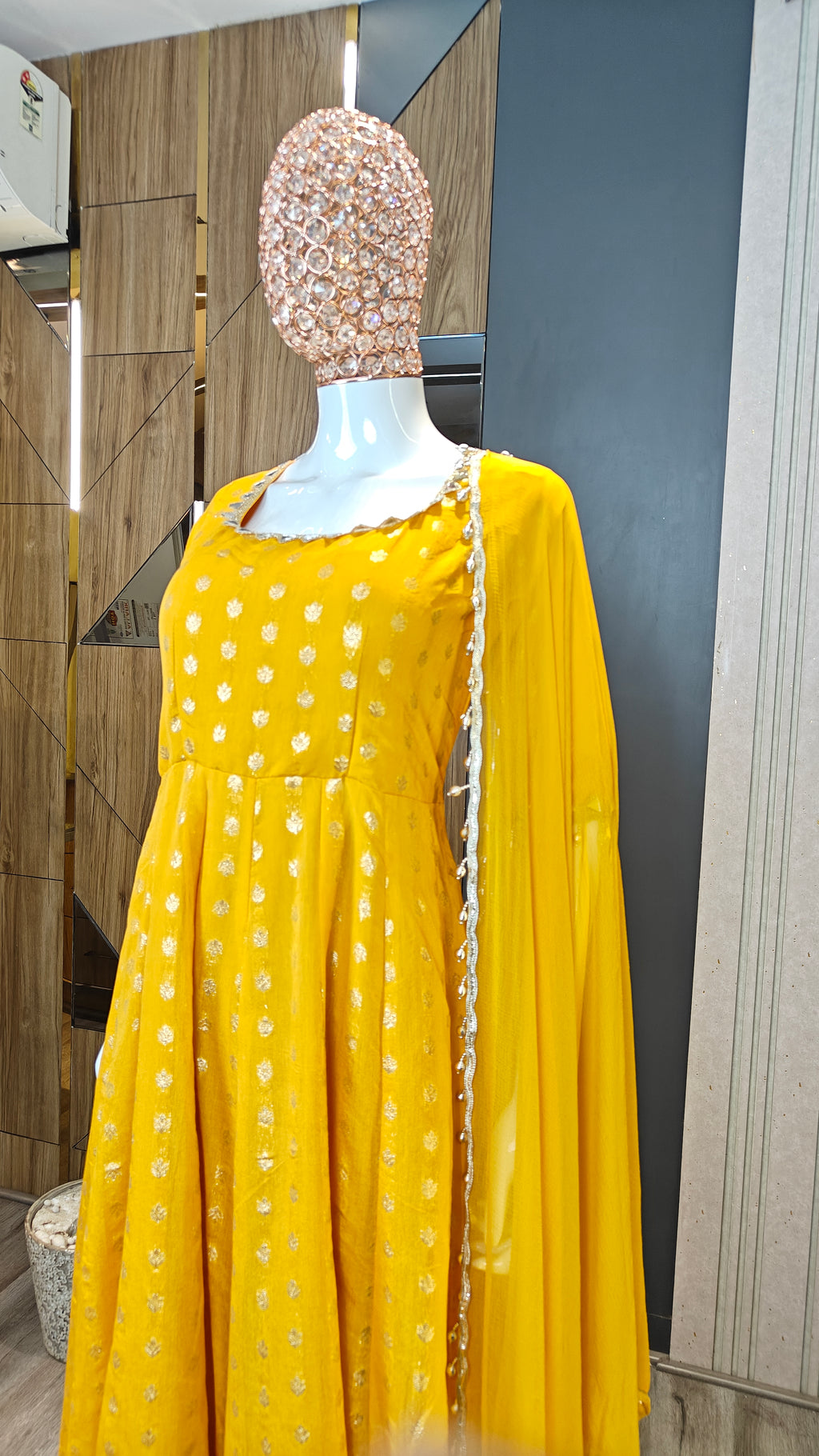 Yellow Chanderi Jacquard Anarkali Suit with Mirror Work & Dupatta