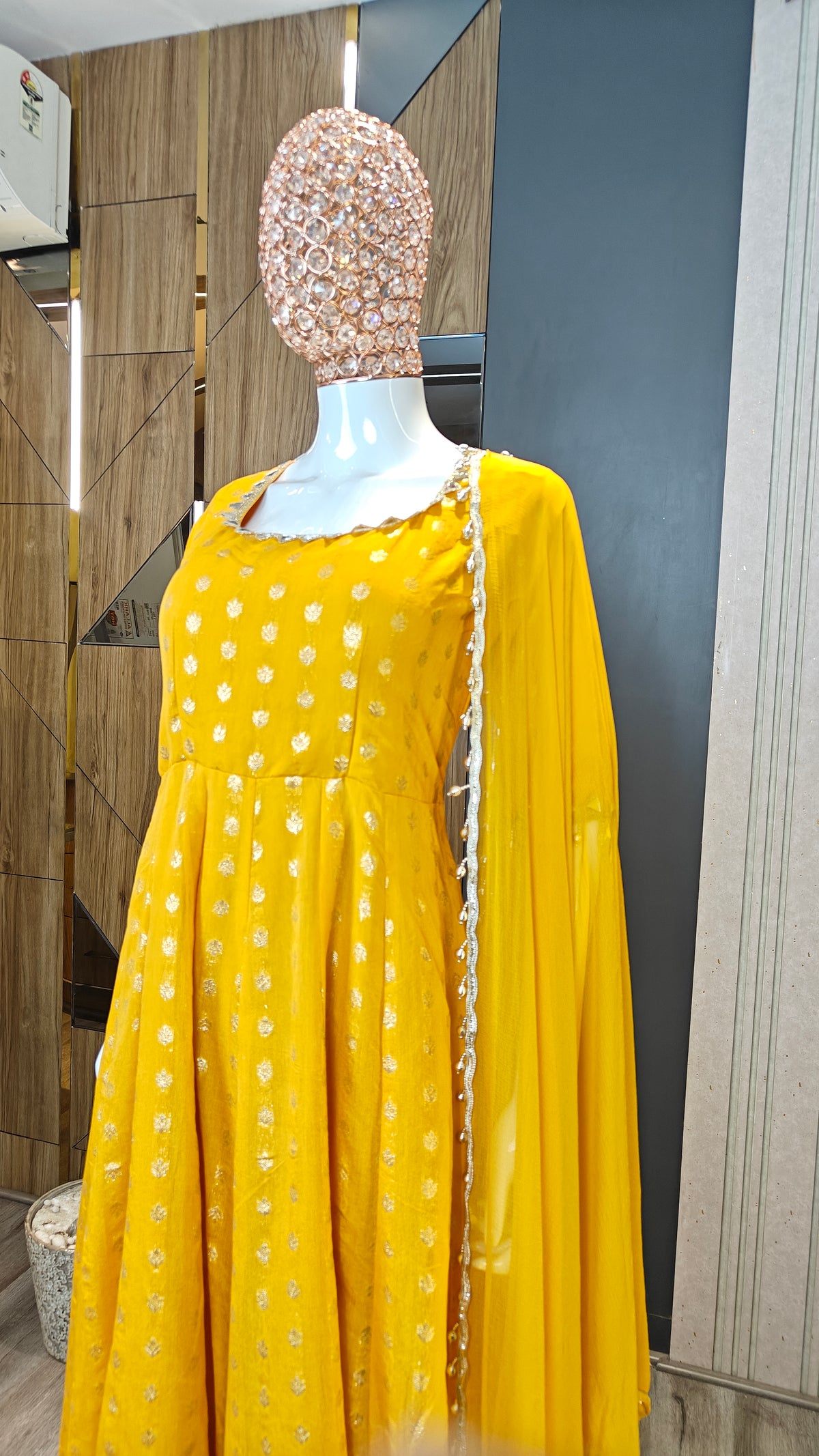 Yellow Chanderi Jacquard Anarkali Suit with Mirror Work & Dupatta