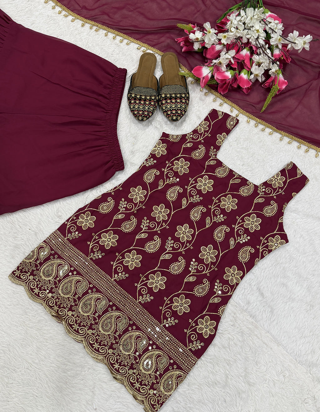 Maroon Embroidered French Crepe Kurta Sharara Set with Dupatta
