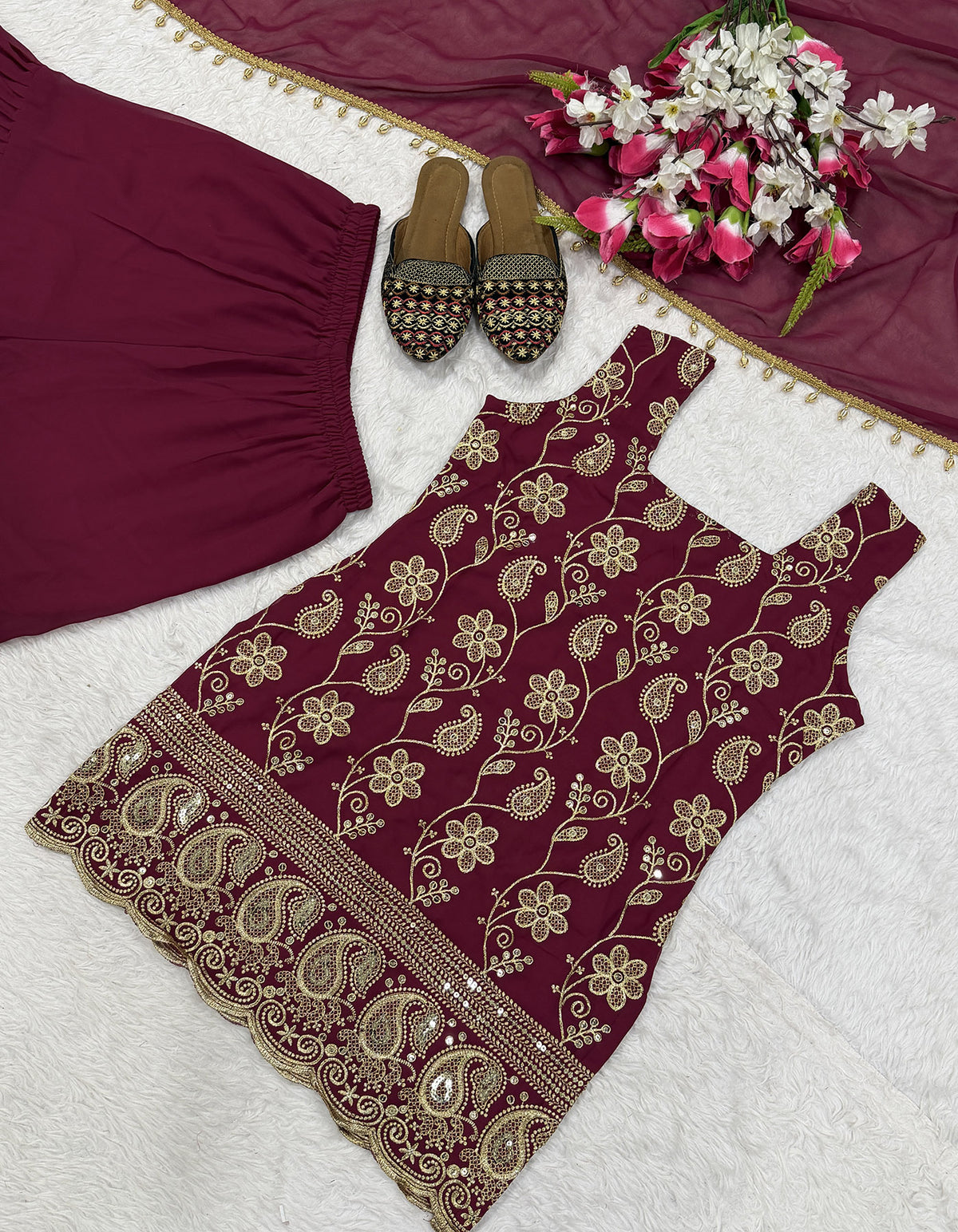 Maroon Embroidered French Crepe Kurta Sharara Set with Dupatta
