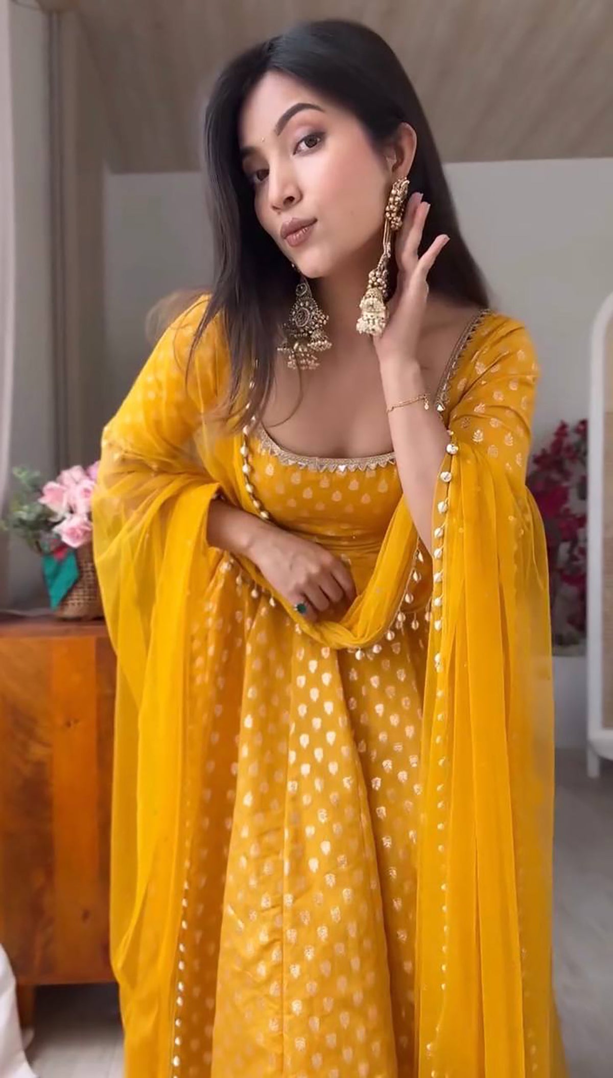 Yellow Chanderi Jacquard Anarkali Suit with Mirror Work & Dupatta
