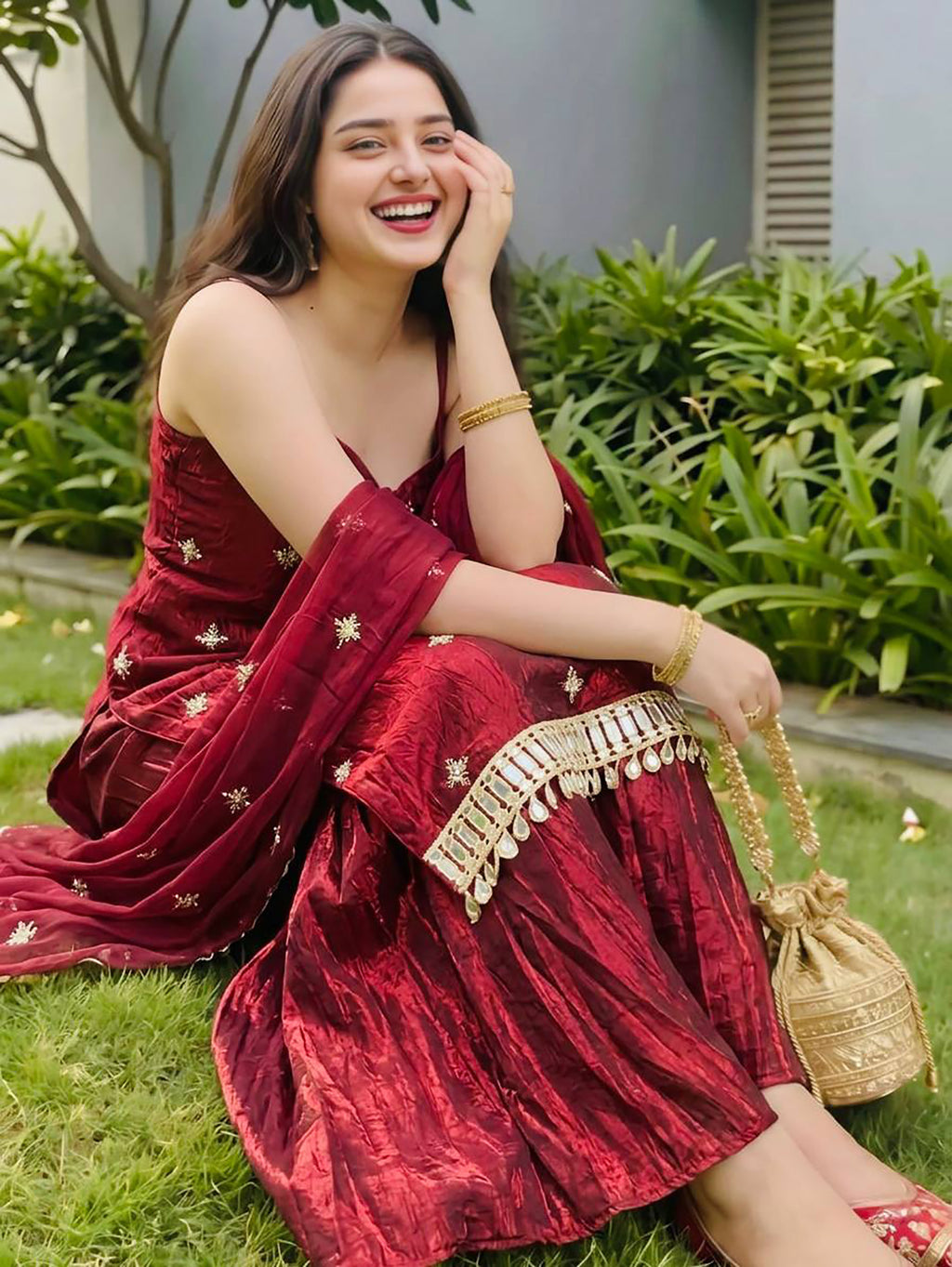 Maroon Fendy Silk Sharara Set with Mirror Work & Dupatta