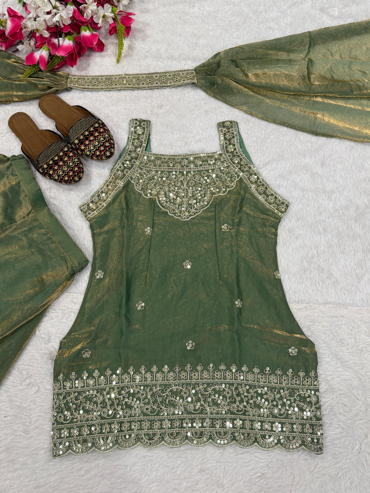 Mint Green Fendy Silk Sharara Suit with Sequin Embroidery & Dupatta