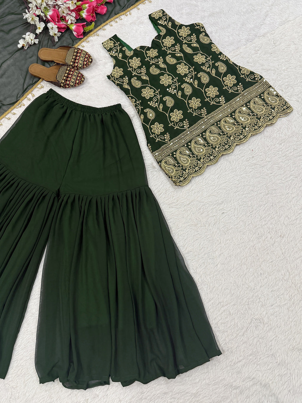 Dark Green Embroidered French Crepe Kurta Sharara Set with Dupatta