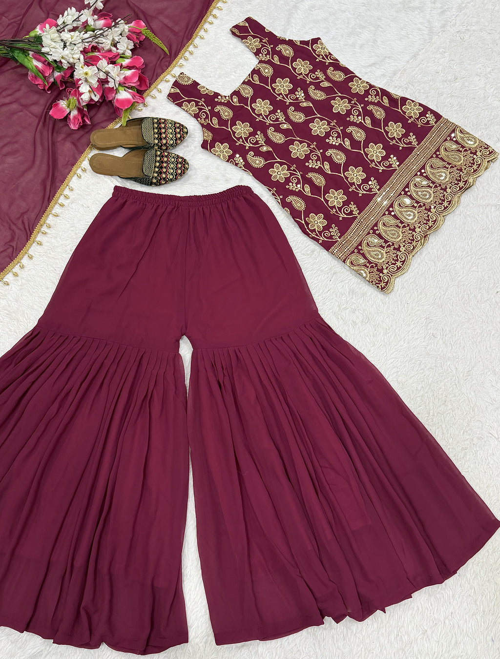 Maroon Embroidered French Crepe Kurta Sharara Set with Dupatta