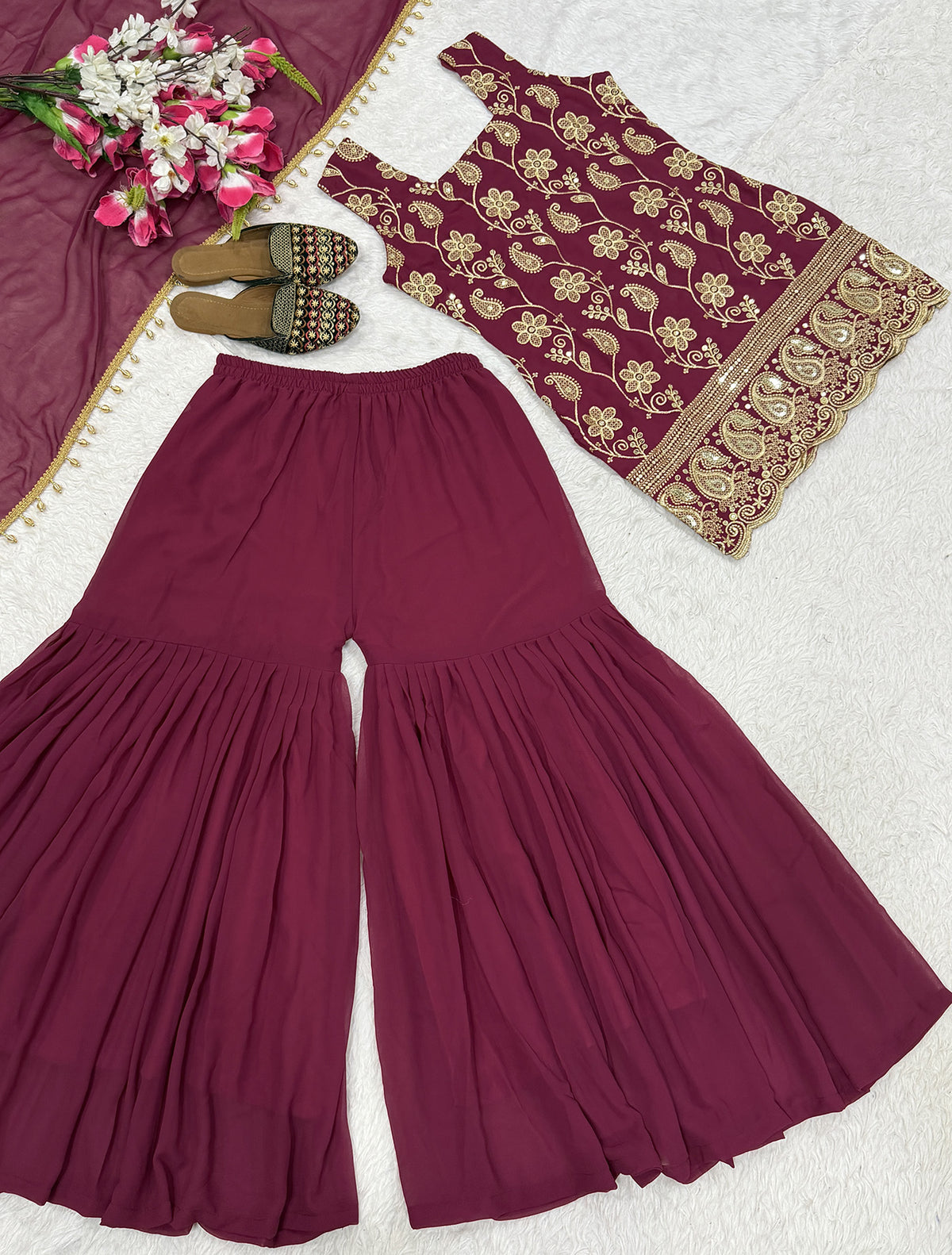 Maroon Embroidered French Crepe Kurta Sharara Set with Dupatta