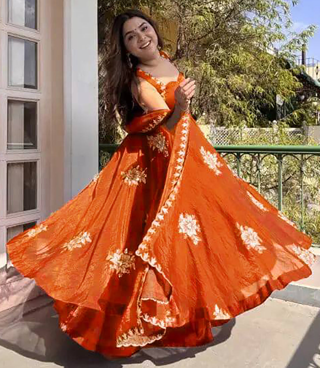 Orange Fendy Silk Anarkali Suit with Zari Sequin Work & Dupatta