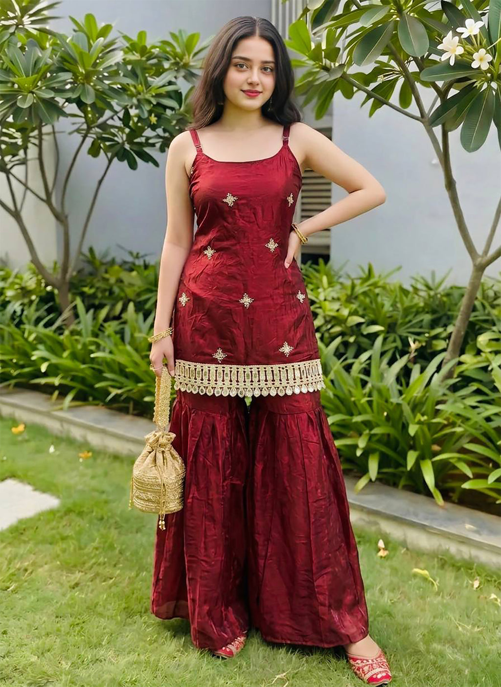 Maroon Fendy Silk Sharara Set with Mirror Work & Dupatta