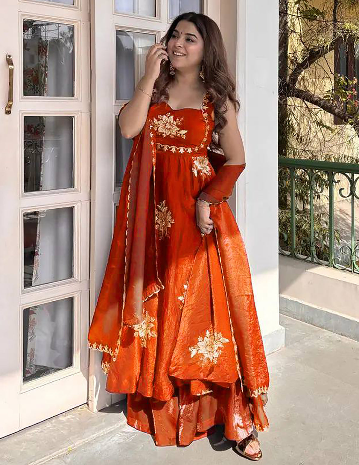 Orange Fendy Silk Anarkali Suit with Zari Sequin Work & Dupatta
