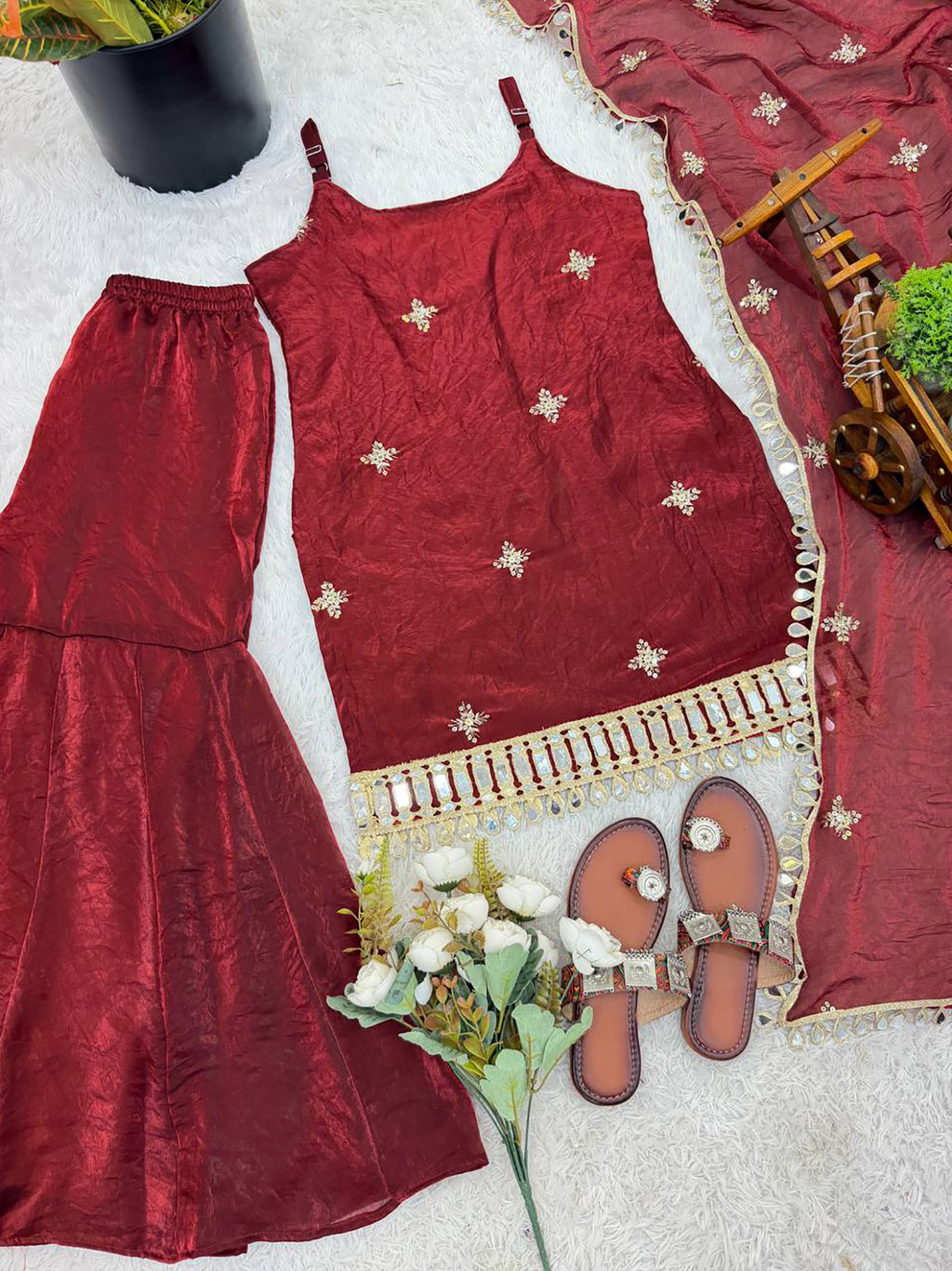 Maroon Fendy Silk Sharara Set with Mirror Work & Dupatta